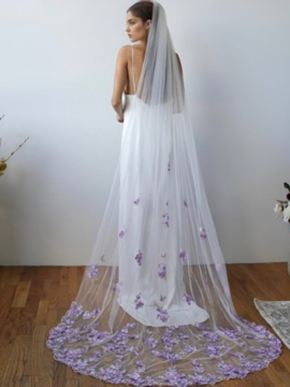 Purple Floral Lace Cathedral Wedding Veil - 98" Long Train